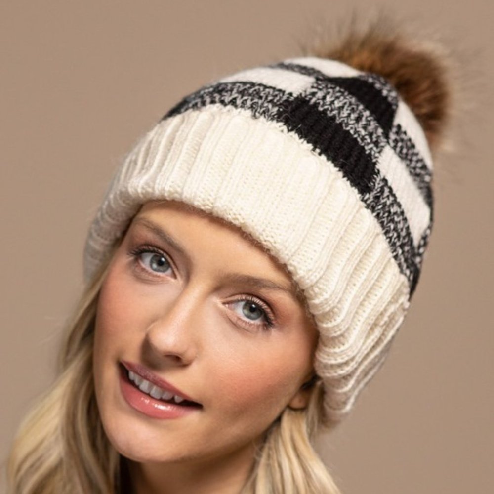 NWT L.I.B Buffalo Check Knit Print Beanie